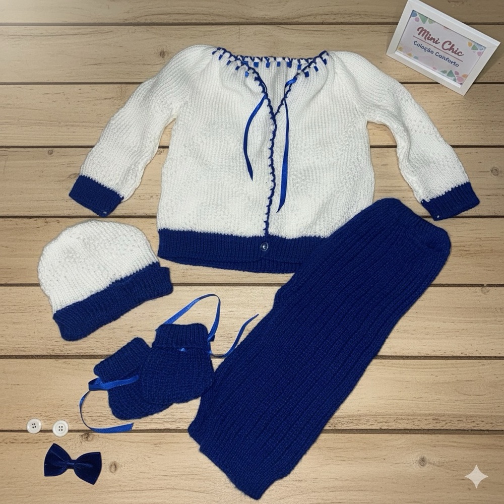Blue and white knitted baby set